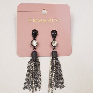 Emberly, NWT, black skull, jeweled tassel dangle goth punk earrings